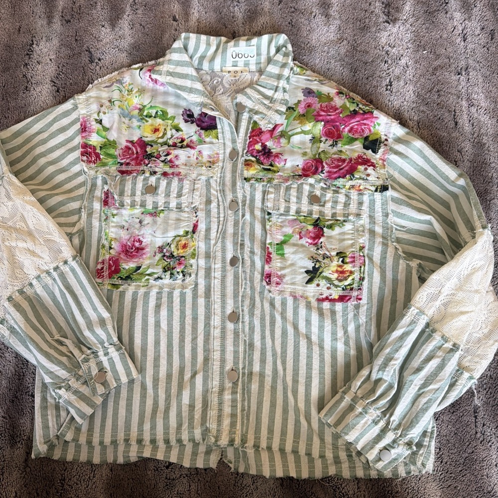 Pol Patchwork Lace Blue White Stripe Button Up Sh… - image 2